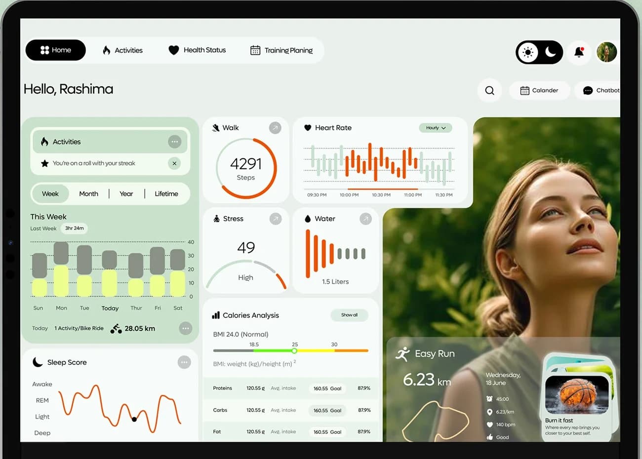 FitOra — Dashboard — light theme, same modules and layout