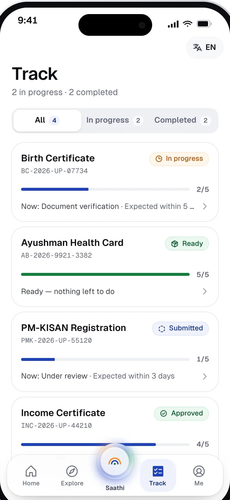 Saathi — Track — status pills, reference numbers and plain-language progress