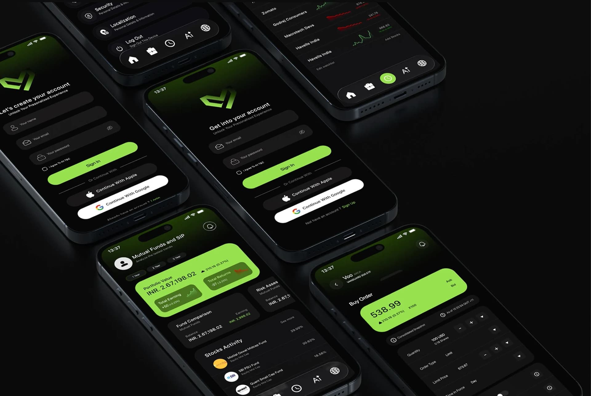 TradeX — Sign up, sign in, settings, watchlist, mutual funds and buy order — one component set